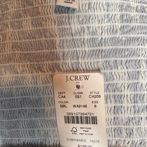 J Crew Midi Dress SZ 6 Blue White Striped Short Puff Sleeve Smocked Milkmaid - Picture 5 of 7